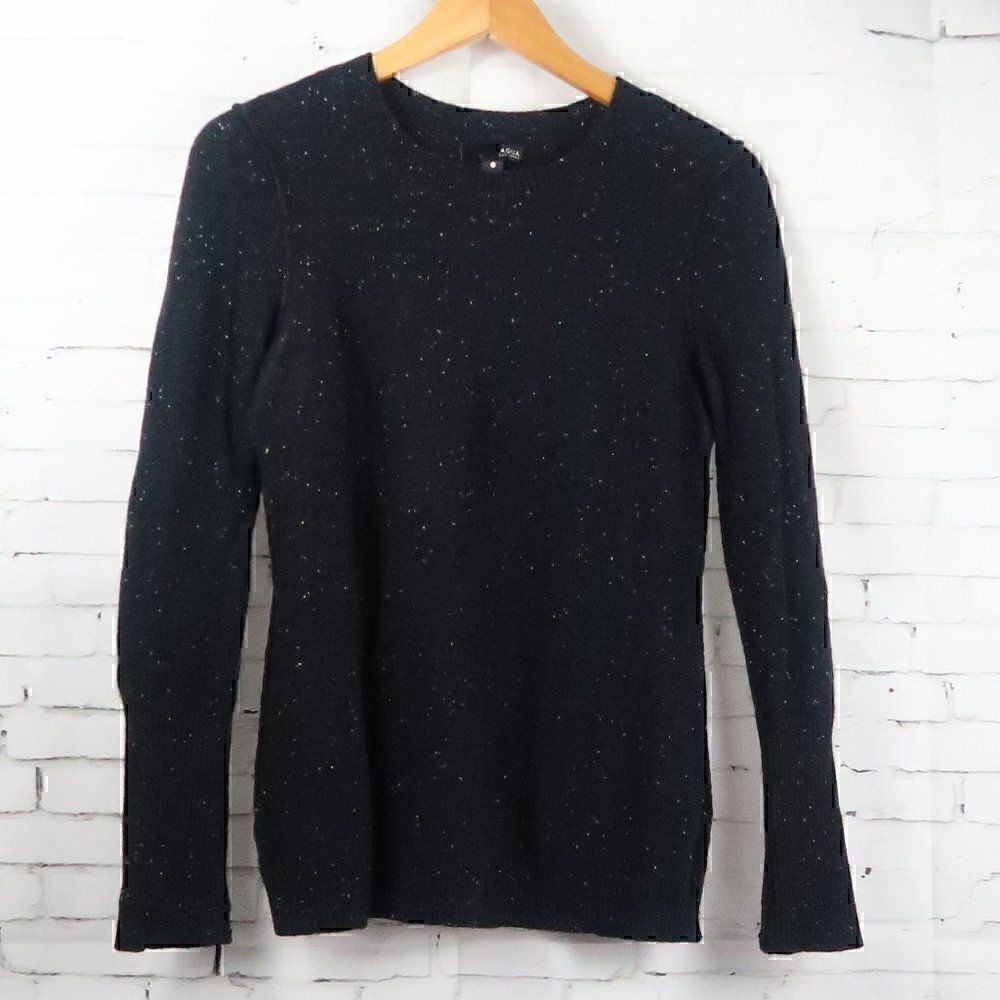 AQUA CASHMERE BLACK WITH WHITE SPECKS LONG SLEEVE CREW NECK CASHMERE SWEATER